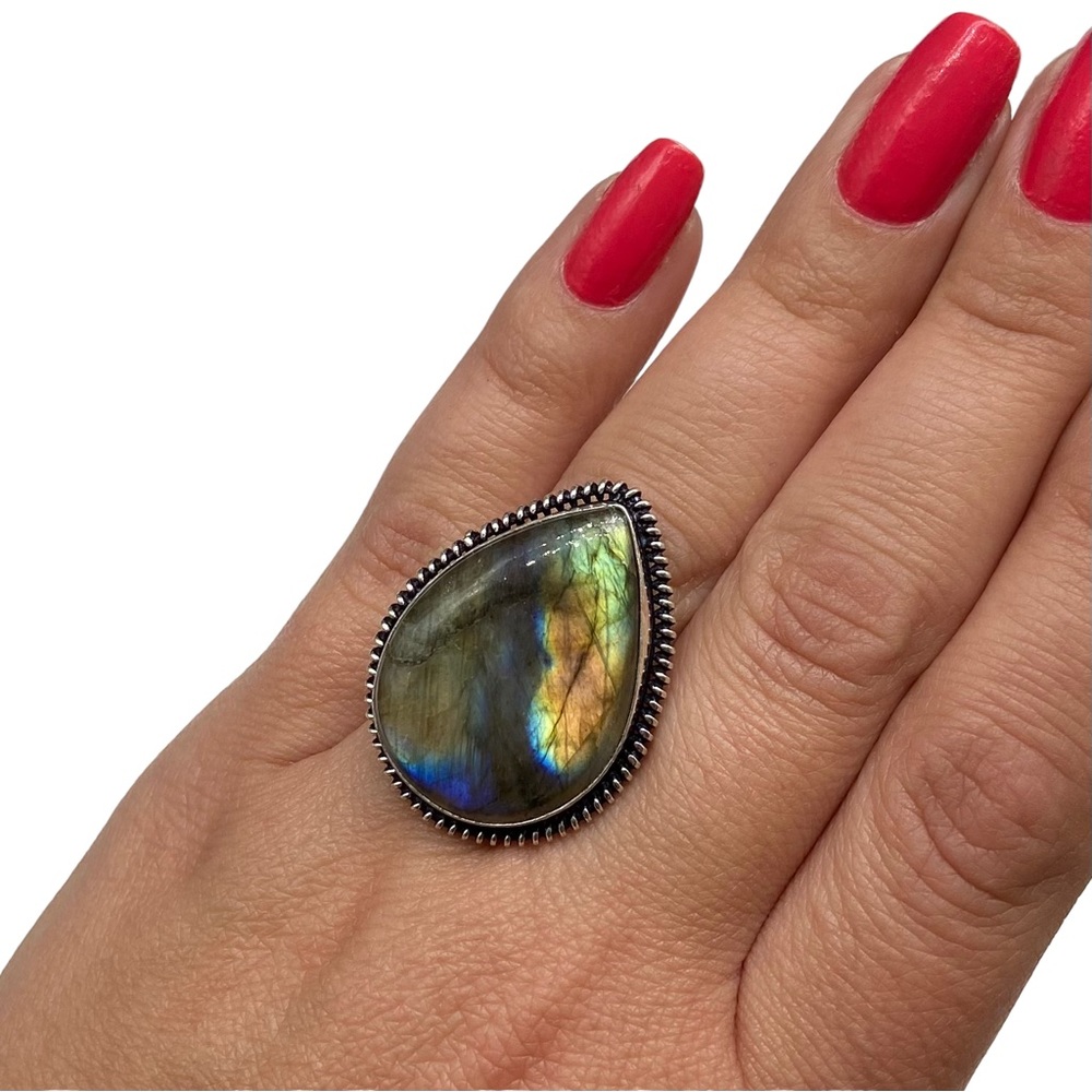 New Labradorite Teardrop Ring in 925 stamped sterling silver overlay setting - Picture 2 of 8